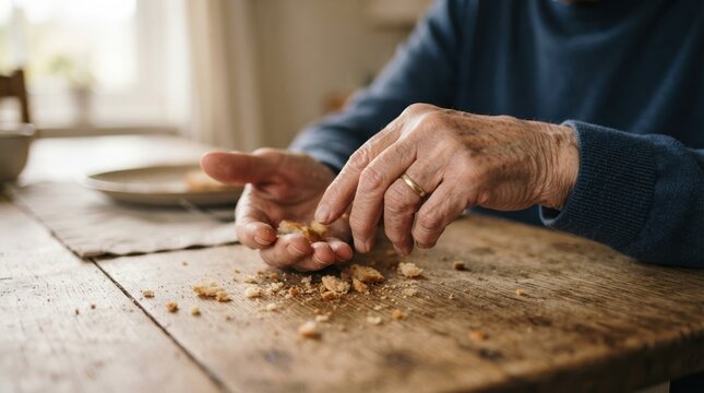 Elderly person hands crumbling bread on rustic wooden table representing loneliness and food scarcity concept