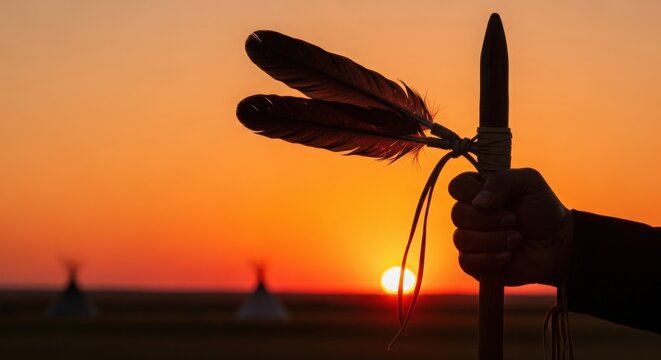 Hand holding a ceremonial staff with feathers at sunset over traditional teepees. Silhouette of person with indigenous symbolism during twilight. Concept cultural heritage and traditions.