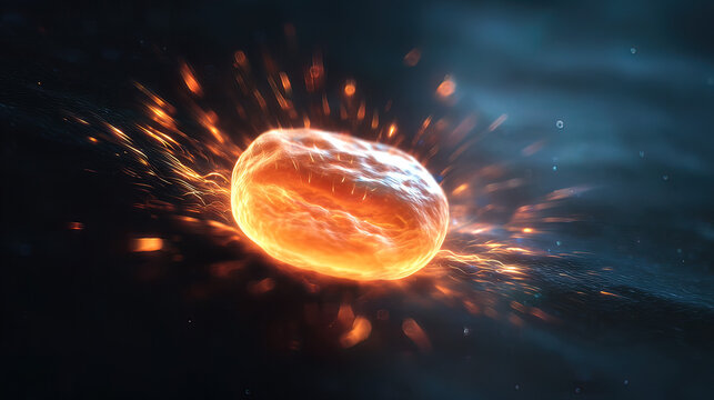 subjective. A single, glowing primordial cell dividing rapidly in a dark aquatic environment with vibrant energy trails. STEM education sheets.
