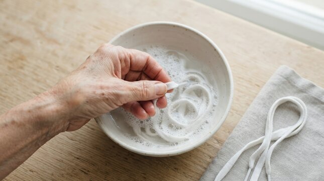 Elderly woman hand washing white shoelaces in soapy water bowl for cleaning sneakers at home