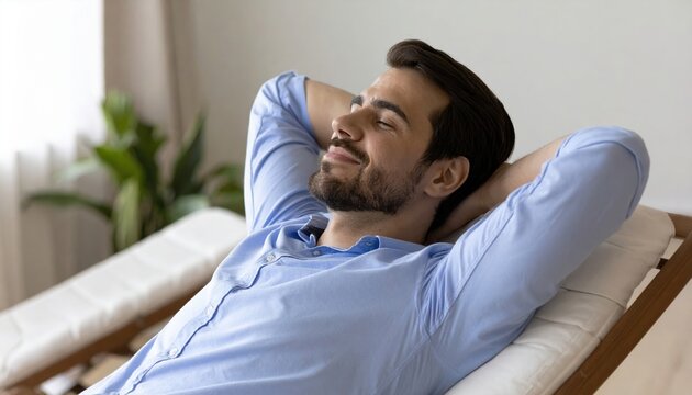 A relaxed man reclining comfortably on a lounge chair with his hands resting behind his head, looking completely at peace.