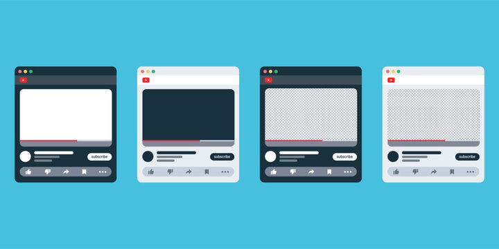 Four youtube player interface mockups in dark and light themes with transparent video.