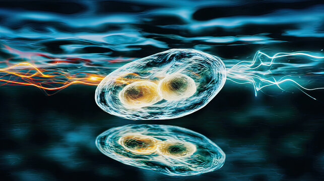 subjective. A single, glowing primordial cell dividing rapidly in a dark aquatic environment with vibrant energy trails. STEM education sheets.
