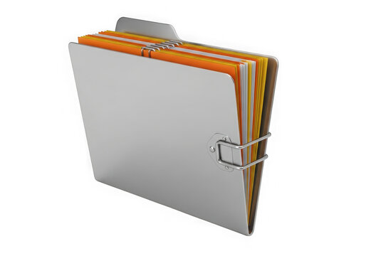 Grey office folder with orange document dividers for paper organization isolated on transparent background
