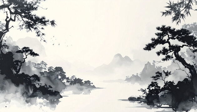 Monochrome sumi-e landscape texture for banner and template design