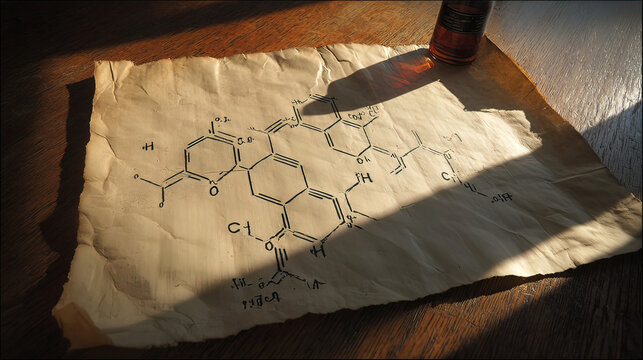 empirical. Vintage cracked parchment with a forgotten chemical diagram, illuminated by a validating beam of light. STEM education sheets.
