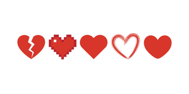 Red hearts in various styles pixel broken brush stroke solid.