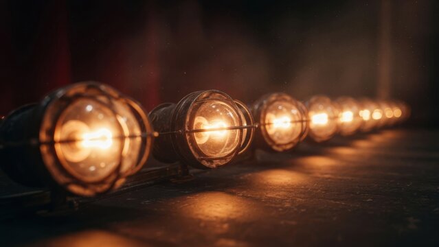 Row of Vintage Glowing Light Bulbs in Cage Fixtures