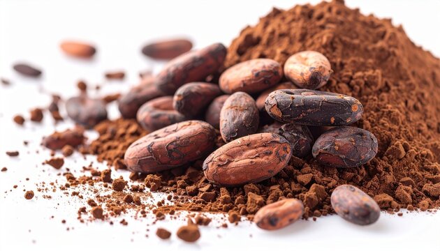 Cocoa isolated on white: A minimalist product shot of dry brown cocoa beans scattered around raw powder, isolated on white.