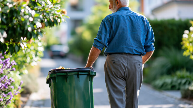 Senior man with european appearance seen from behind rolling a large garbage can along a driveway bright sunny residential street senior man garbage can rolling bin driveway