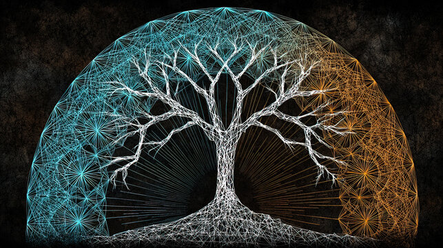 reorganization. A classic tree of life diagram is unraveled and rewoven into a new, complex network of glowing light. STEM education sheets.
