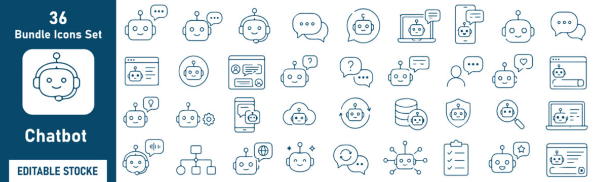 Chatbot Vector Outline Icons Set &ndash; AI Assistant, Customer Support, Conversational AI and Messaging Line Symbols Collection