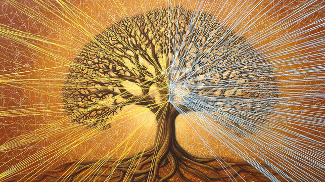 reorganization. A classic tree of life diagram is unraveled and rewoven into a new, complex network of glowing light. STEM education sheets.
