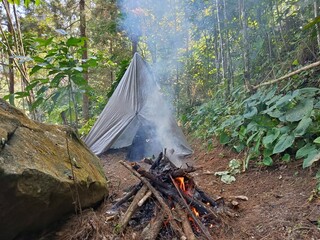 Camping Tent and Bonfire in a Mountain Forest During Daytime Surrounded by Lush Nature © eti