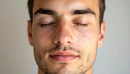 Naklejka premium A close-up portrait of a serene man with his eyes gently closed, enjoying a moment of complete peace and mindfulness.
