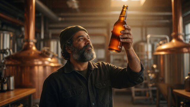 Craft Brewer Examining Amber Beer Bottle in Brewery