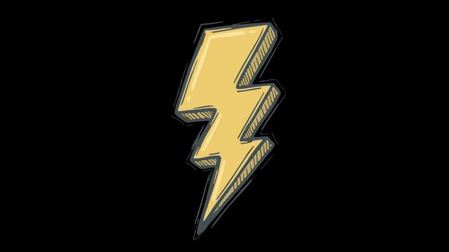 hand drawn style 2d animation of a yellow lightning bolt flashing in a continuous loop with transparent alpha channel background for video editing and motion graphics design