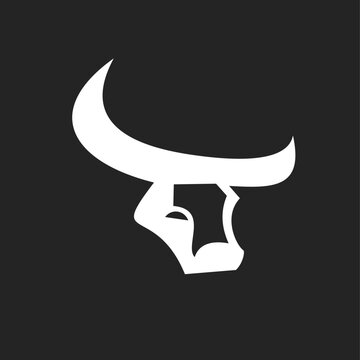 Stylized White Bull Head Logo Design with Elegant Horns on Black Background