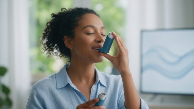 Woman Using Asthma Inhaler at Home for Respiratory Relief