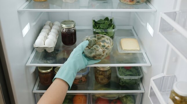 Person wearing rubber glove cleaning moldy food from refrigerator, concept of kitchen hygiene and expired groceries