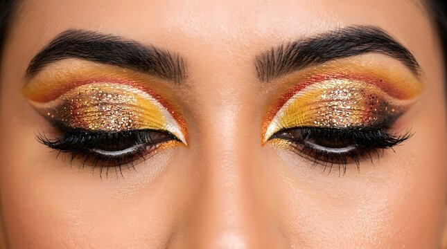 Dramatic golden cut crease eyeshadow look with bold eyeliner and lashes