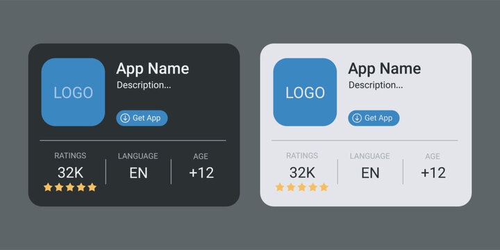 App store listing card with logo name description ratings language and age.