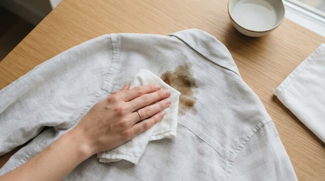 Woman cleaning coffee stain on white linen shirt with cloth at home, laundry care and fabric stain removal concept