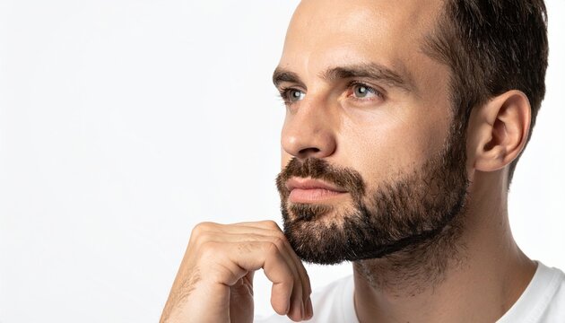 A calm portrait of a thoughtful man with a neat beard, resting his jaw on his hand in deep contemplation, isolated on white.