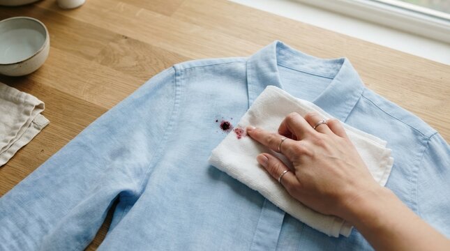 Person removing red wine stain from light blue linen shirt using white cloth for laundry care and fabric cleaning