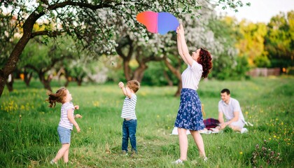 Fototapeta premium Children playing with kite in autumn park.