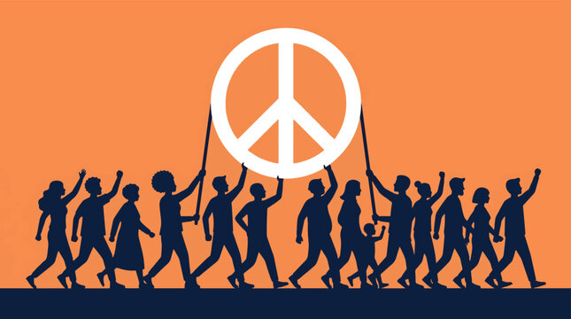 Protest march with a diverse group of people carrying a large peace sign flat style.