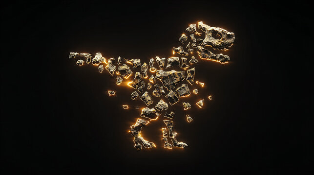 rearranged. Fossilized bone fragments suspended as glowing puzzle pieces forming an unknown dinosaur silhouette. wildlife magazines.
