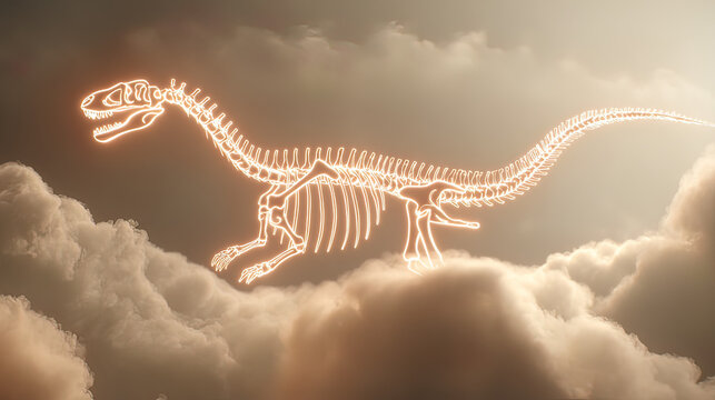 rearranged. Fossilized bone fragments suspended as glowing puzzle pieces forming an unknown dinosaur silhouette. wildlife magazines.

