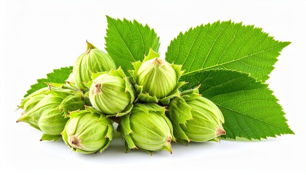 Filberts with leaves isolated: A small cluster of fresh filberts (hazelnuts) in their green husks with leaves, isolated on white.