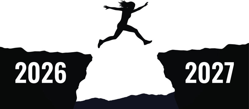 Happy New Year concept vector illustration showing a woman silhouette jumping over a cliff gap from year 2026 to 2027 isolated on white background.