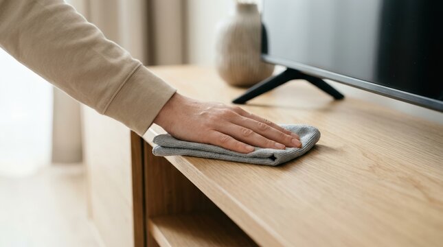 Person cleaning wooden furniture with microfiber cloth at home, close up shot of hand wiping dust from modern TV stand surface