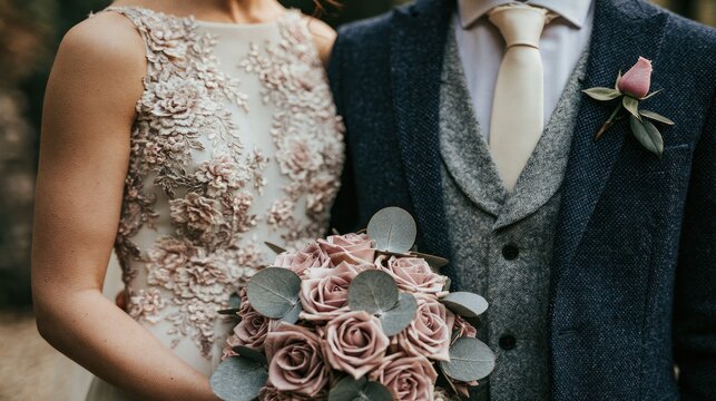 Bride in lace dress standing with groom in suit.