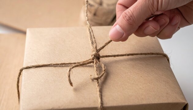 A close-up of a hand tying a neat knot on a brown parcel string