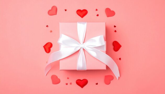 Valentine day gift flat lay: A romantic composition featuring a pastel pink gift box tied with a white ribbon, surrounded by small red hearts on a coral paper background.