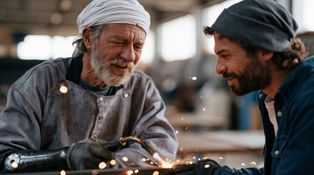 Veteran welding instructor with arm prosthetic demonstrating a torch join to an apprentice in a vocational training workshop on Veterans Day, sparks flying, industrial mentorship,