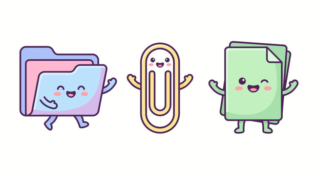 Cute Kawaii Office Supply Characters Folder Paperclip and Documents