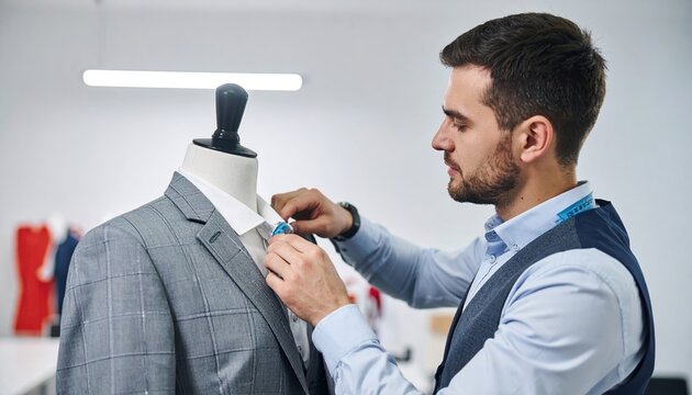 A professional dressmaker adjusting a collar on a tailoring form