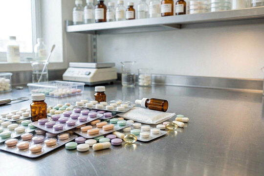 Modern Pharmaceutical Laboratory With Medicines Medical Supplies and Scientific Equipment