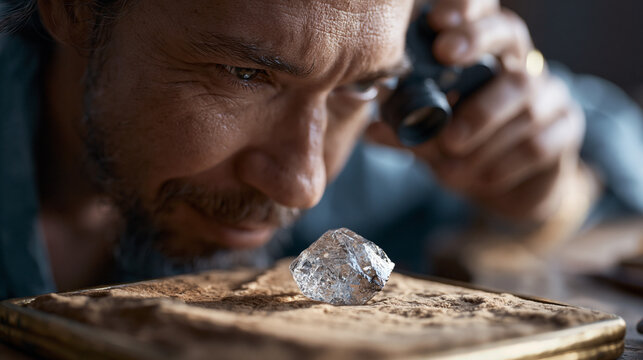 Close up of a gemologist's eye behind a loupe inspecting a rough diamond on a velvet tray, deep concentration, trade skill, natural and artificial lighting contrast, precious