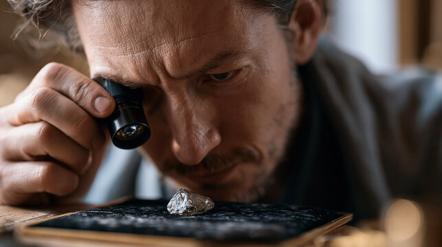 Close up of a gemologist's eye behind a loupe inspecting a rough diamond on a velvet tray, deep concentration, trade skill, natural and artificial lighting contrast, precious