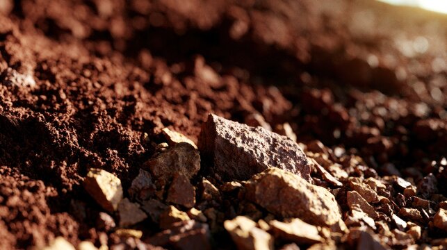 Sunlight hitting textured red clay and rock surface