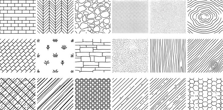 Set of hand drawn black and white architectural hatching patterns, seamless textures, and building material backgrounds