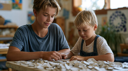 A teenage boy in a community youth center patiently teaches origami to a younger child with learning difficulties, both seated at a low table strewn with folded paper shapes,