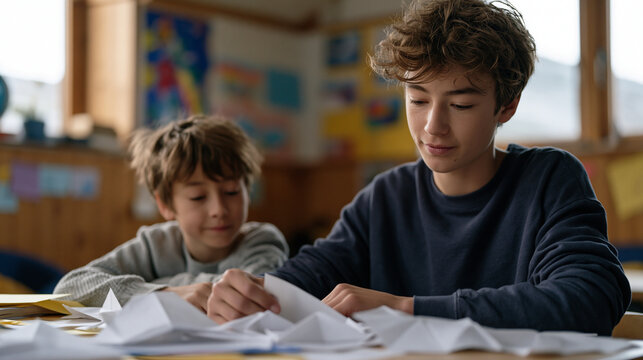 A teenage boy in a community youth center patiently teaches origami to a younger child with learning difficulties, both seated at a low table strewn with folded paper shapes,
