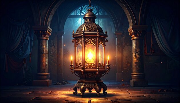 Mystical interior of a grand cathedral with glowing altar and stained glass.